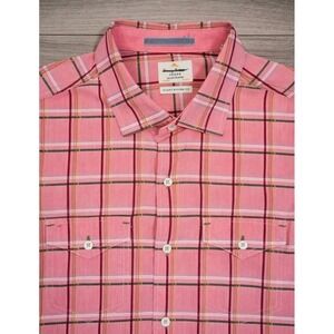 NWOT Tommy Bahama Womens M Pink Plaid Linen Island Modern Fit Button Down Shirt